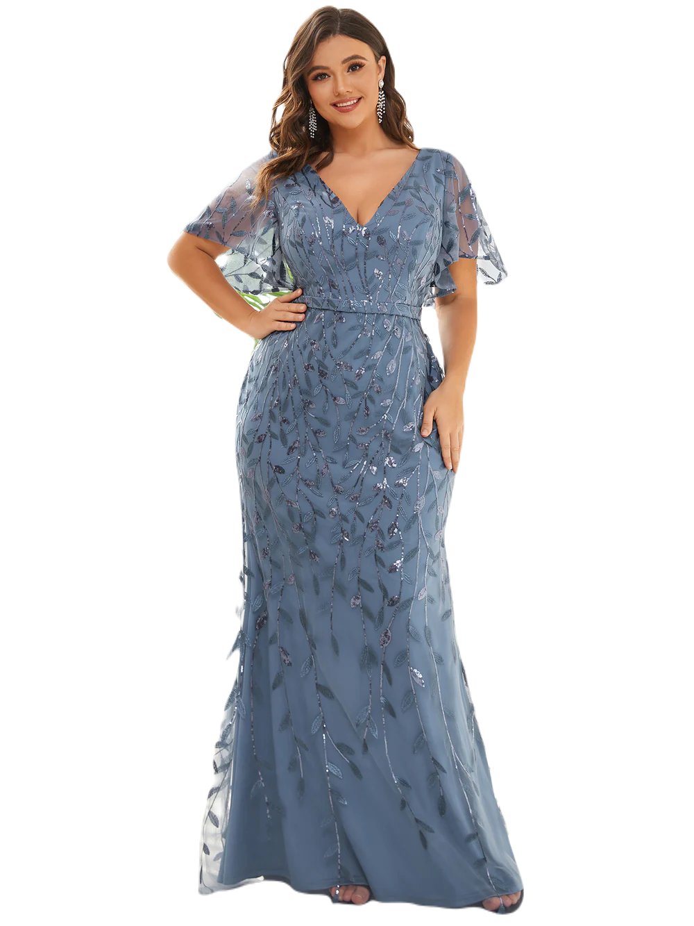 Vestido Elegante de Fiesta Largo Curvy Azul Acero Sirena Lentejuela Manga Corta Cuello V T.Ch y Tallas Extra