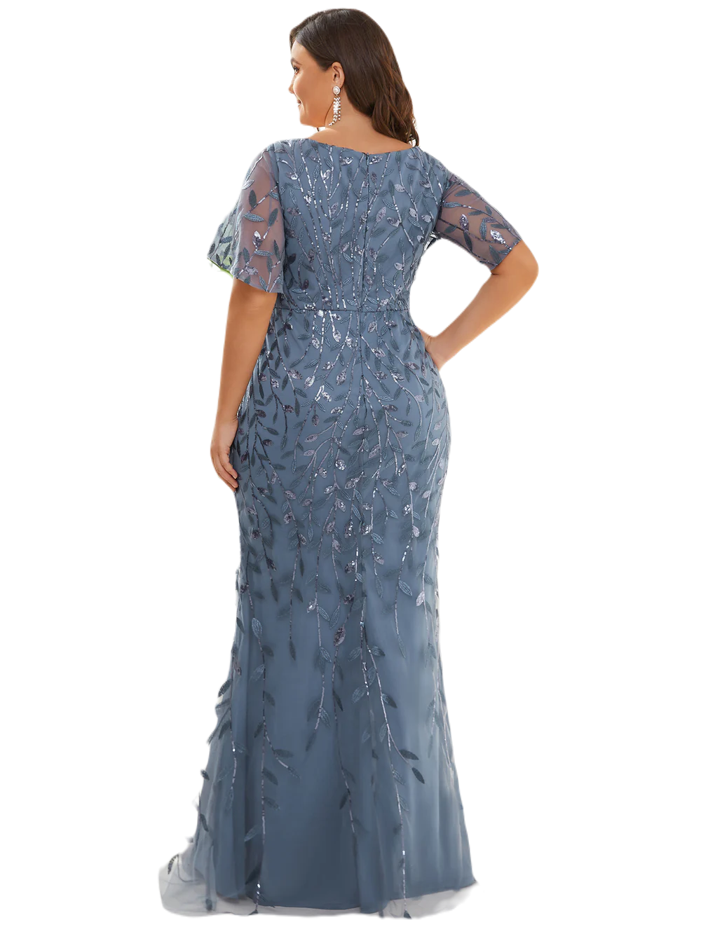 Vestido Elegante de Fiesta Largo Curvy Azul Acero Sirena Lentejuela Manga Corta Cuello V T.Ch y Tallas Extra