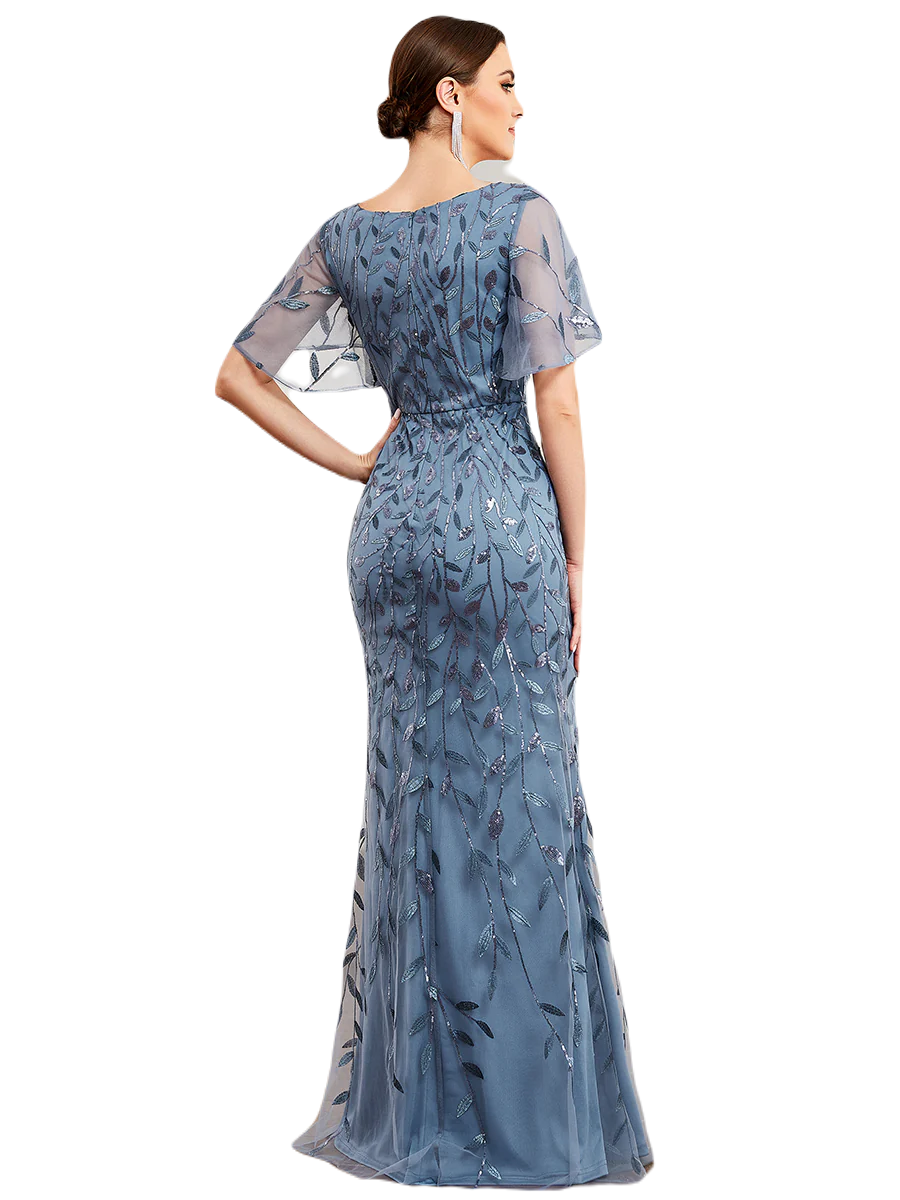 Vestido Elegante de Fiesta Largo Curvy Azul Acero Sirena Lentejuela Manga Corta Cuello V T.Ch y Tallas Extra