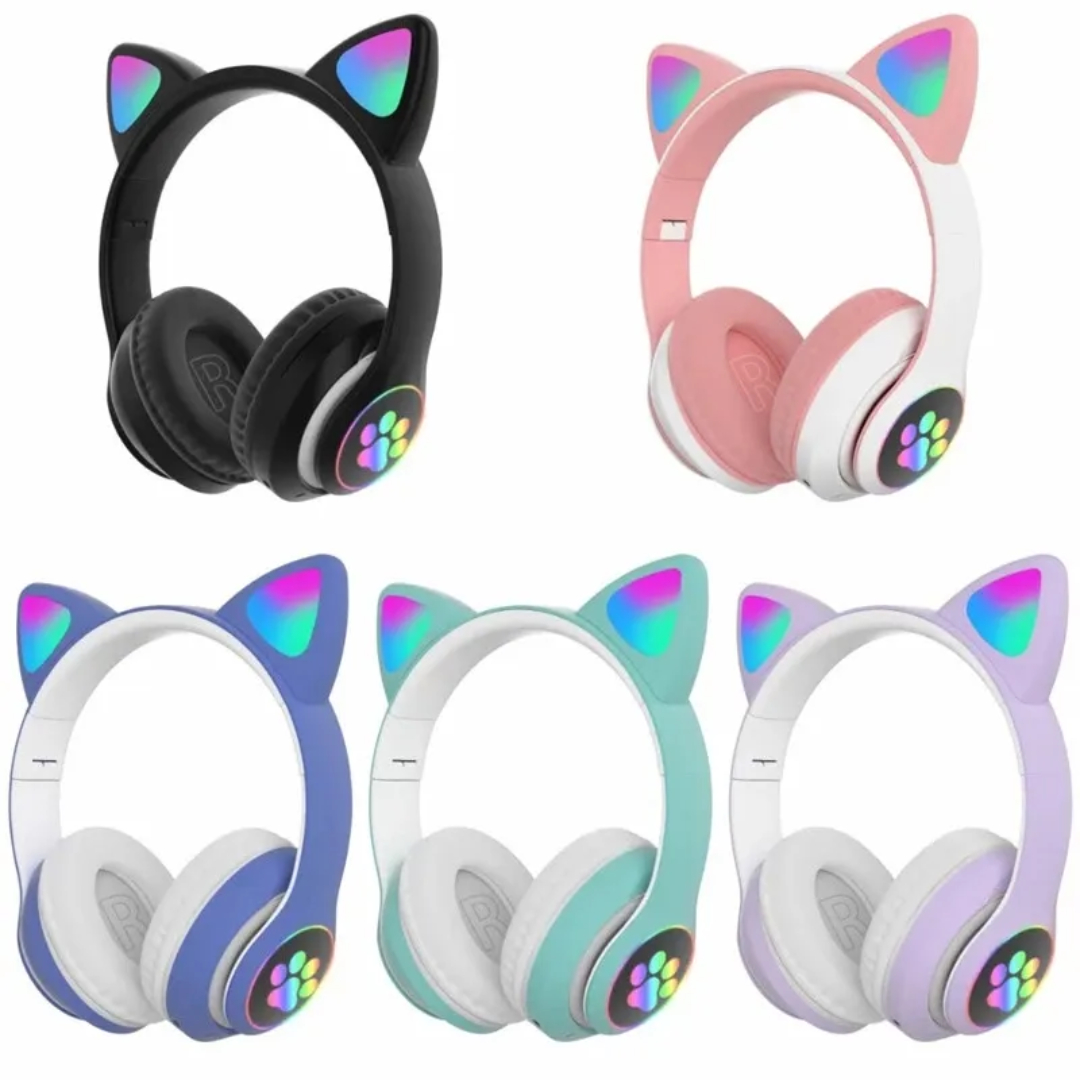 Audifonos Diadema STN-28 Oreja de Gato Bluetooth Inalambricos, Auriculares Gato diseño divertido con Luces