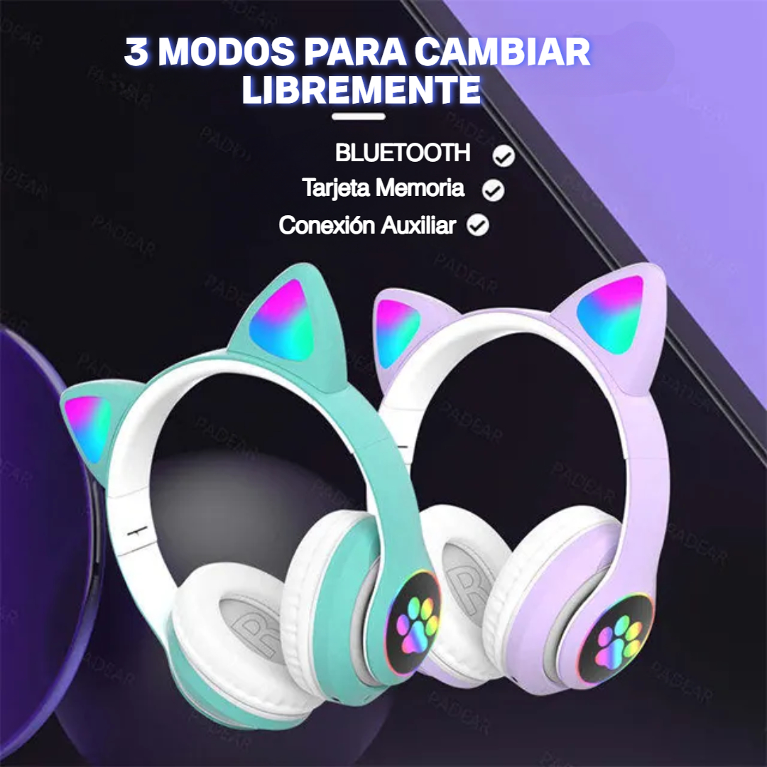 Audifonos Diadema STN-28 Oreja de Gato Bluetooth Inalambricos, Auriculares Gato diseño divertido con Luces