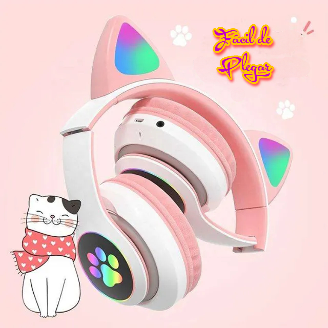 Audifonos Diadema STN-28 Oreja de Gato Bluetooth Inalambricos, Auriculares Gato diseño divertido con Luces