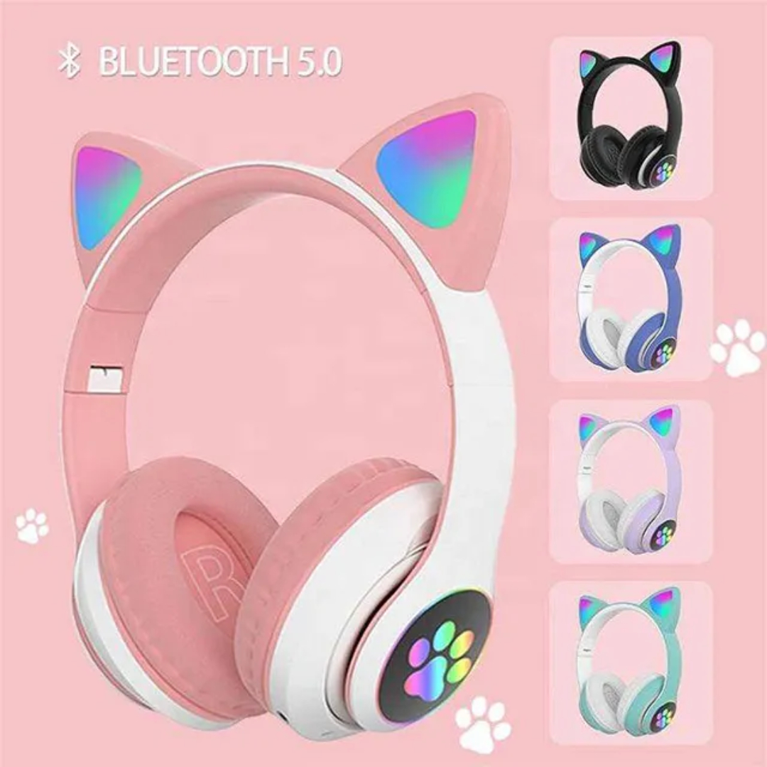 Audifonos Diadema STN-28 Oreja de Gato Bluetooth Inalambricos, Auriculares Gato diseño divertido con Luces