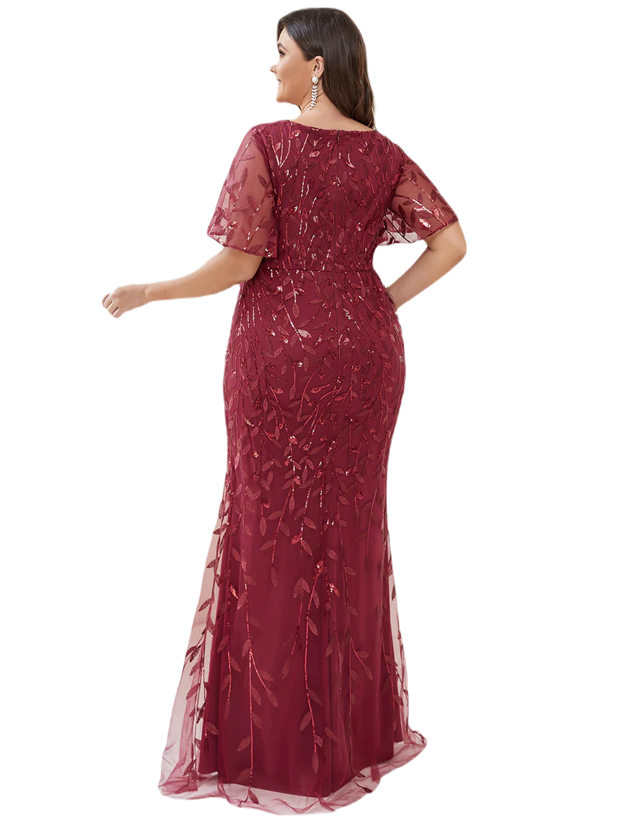 Vestido Elegante de Fiesta Largo Curvy Guinda Vino Sirena Lentejuela Manga Corta Cuello V T.Ch y Tallas Extra