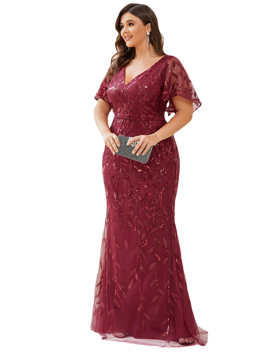Vestido Elegante de Fiesta Largo Curvy Guinda Vino Sirena Lentejuela Manga Corta Cuello V T.Ch y Tallas Extra