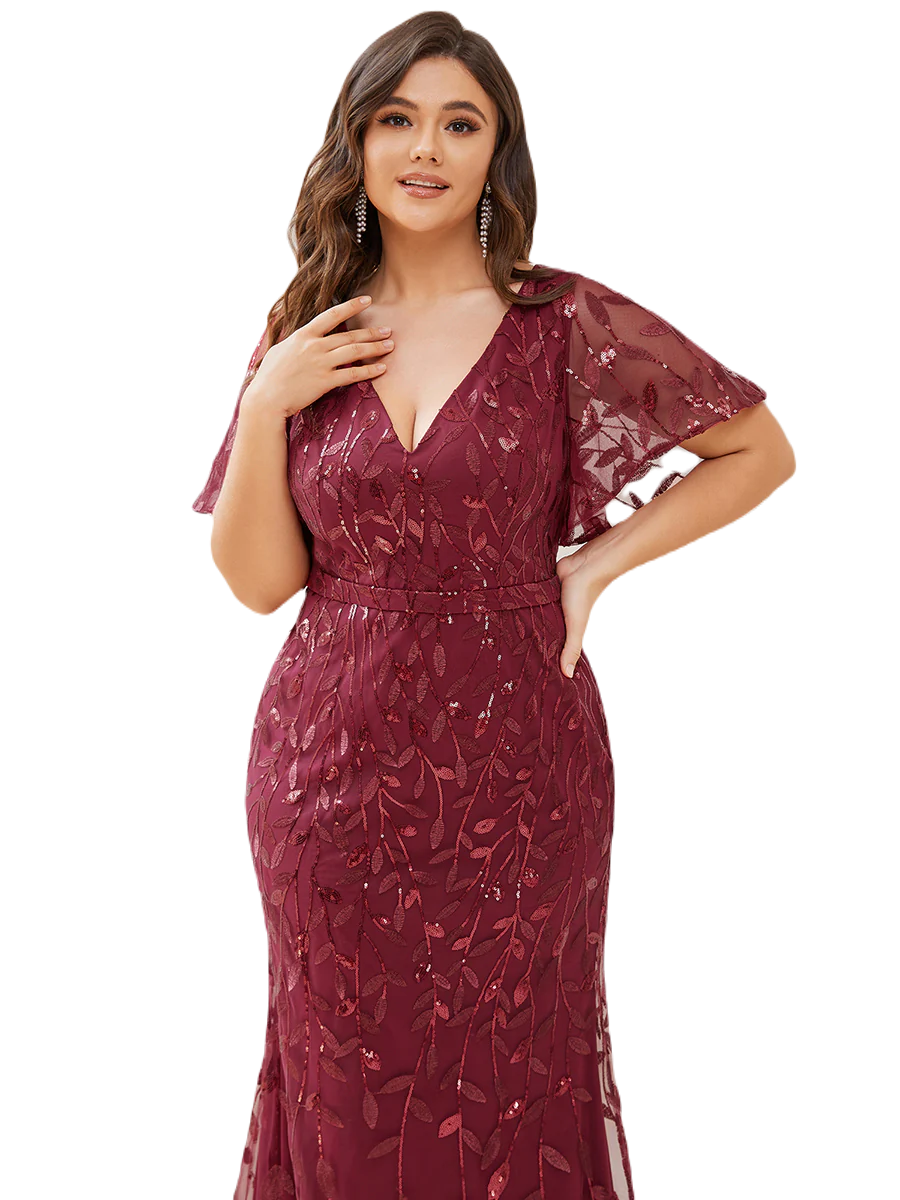 Vestido Elegante de Fiesta Largo Curvy Guinda Vino Sirena Lentejuela Manga Corta Cuello V T.Ch y Tallas Extra