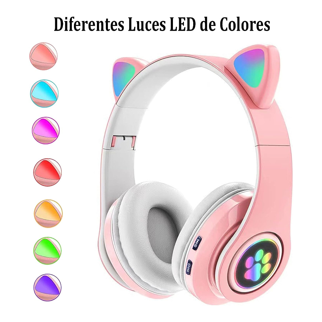 Audifonos Diadema STN-28 Oreja de Gato Bluetooth Inalambricos, Auriculares Gato diseño divertido con Luces
