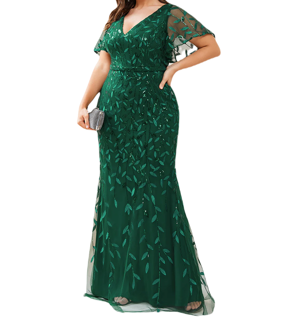 Vestido Elegante de Fiesta Largo Curvy Verde Esmeralda Sirena Lentejuela Manga Corta Cuello V T.Ch y Tallas Extra