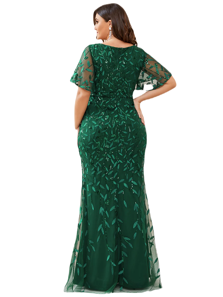 Vestido Elegante de Fiesta Largo Curvy Verde Esmeralda Sirena Lentejuela Manga Corta Cuello V T.Ch y Tallas Extra