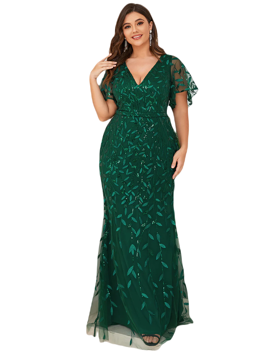 Vestido Elegante de Fiesta Largo Curvy Verde Esmeralda Sirena Lentejuela Manga Corta Cuello V T.Ch y Tallas Extra