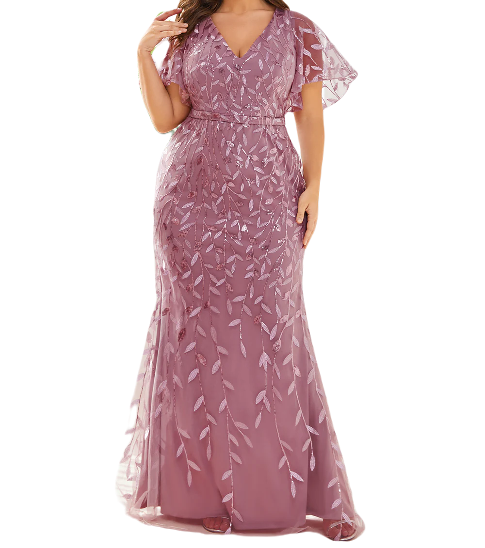 Vestido Elegante de Fiesta Largo Curvy Mauve Lila Sirena Lentejuela Manga Corta Cuello V T.Ch y Tallas Extra