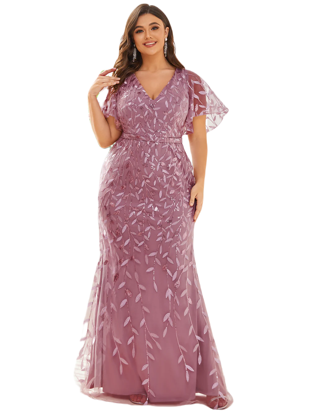 Vestido Elegante de Fiesta Largo Curvy Mauve Lila Sirena Lentejuela Manga Corta Cuello V T.Ch y Tallas Extra