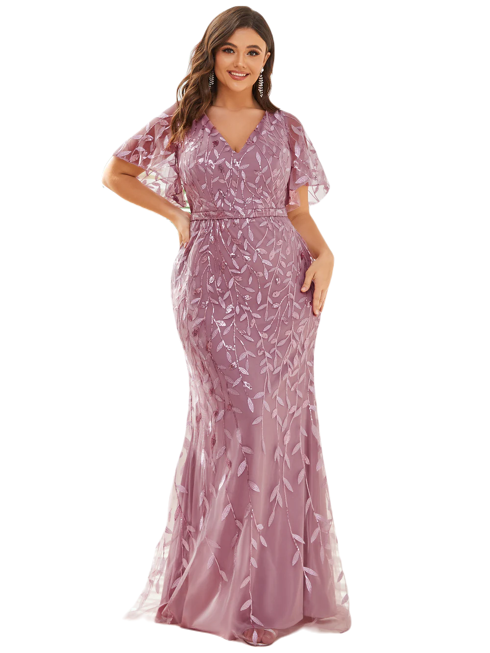 Vestido Elegante de Fiesta Largo Curvy Mauve Lila Sirena Lentejuela Manga Corta Cuello V T.Ch y Tallas Extra
