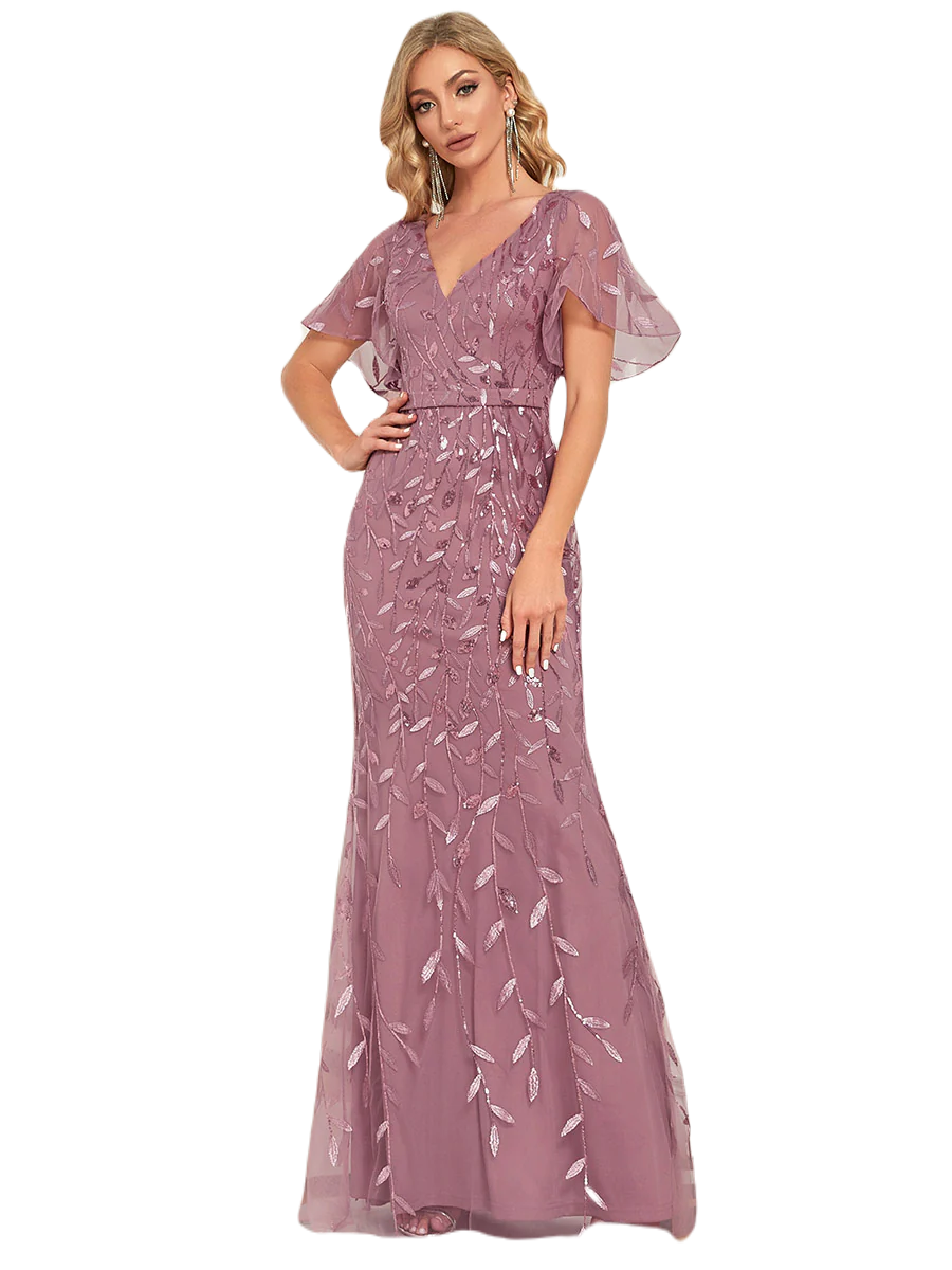 Vestido Elegante de Fiesta Largo Curvy Mauve Lila Sirena Lentejuela Manga Corta Cuello V T.Ch y Tallas Extra