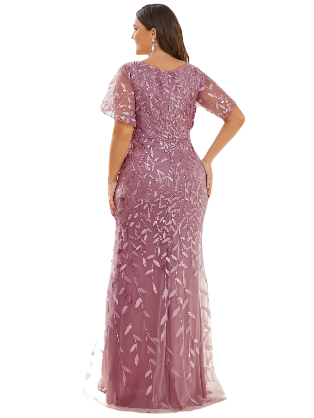Vestido Elegante de Fiesta Largo Curvy Mauve Lila Sirena Lentejuela Manga Corta Cuello V T.Ch y Tallas Extra