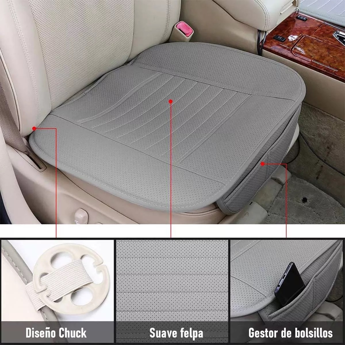 Funda De Asientos Cojín Auto Cuero Pu Universal 3pcs Gris