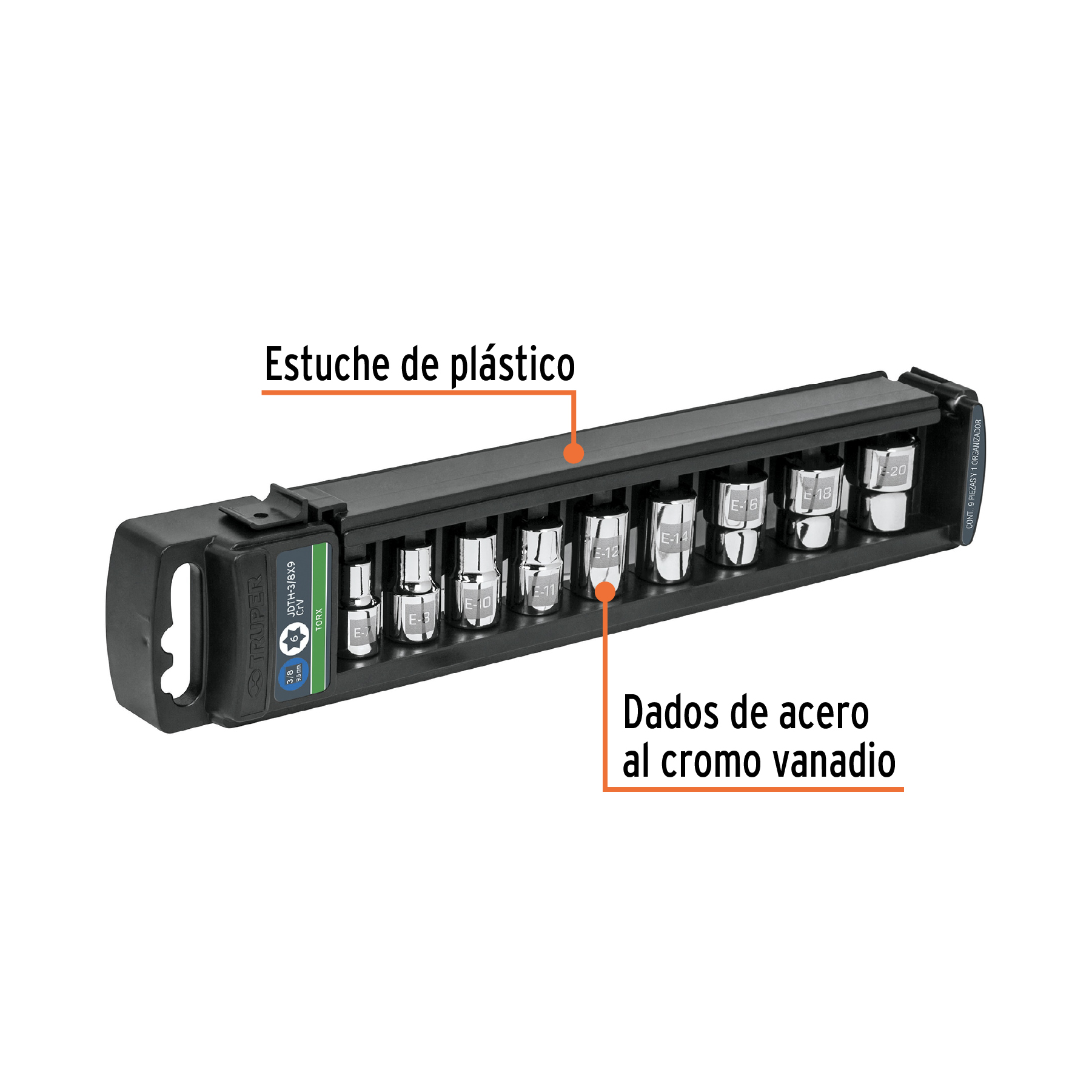 JUEGO DE 9 DADOS CUADRO 3/8" TORX, TRUPER 10025