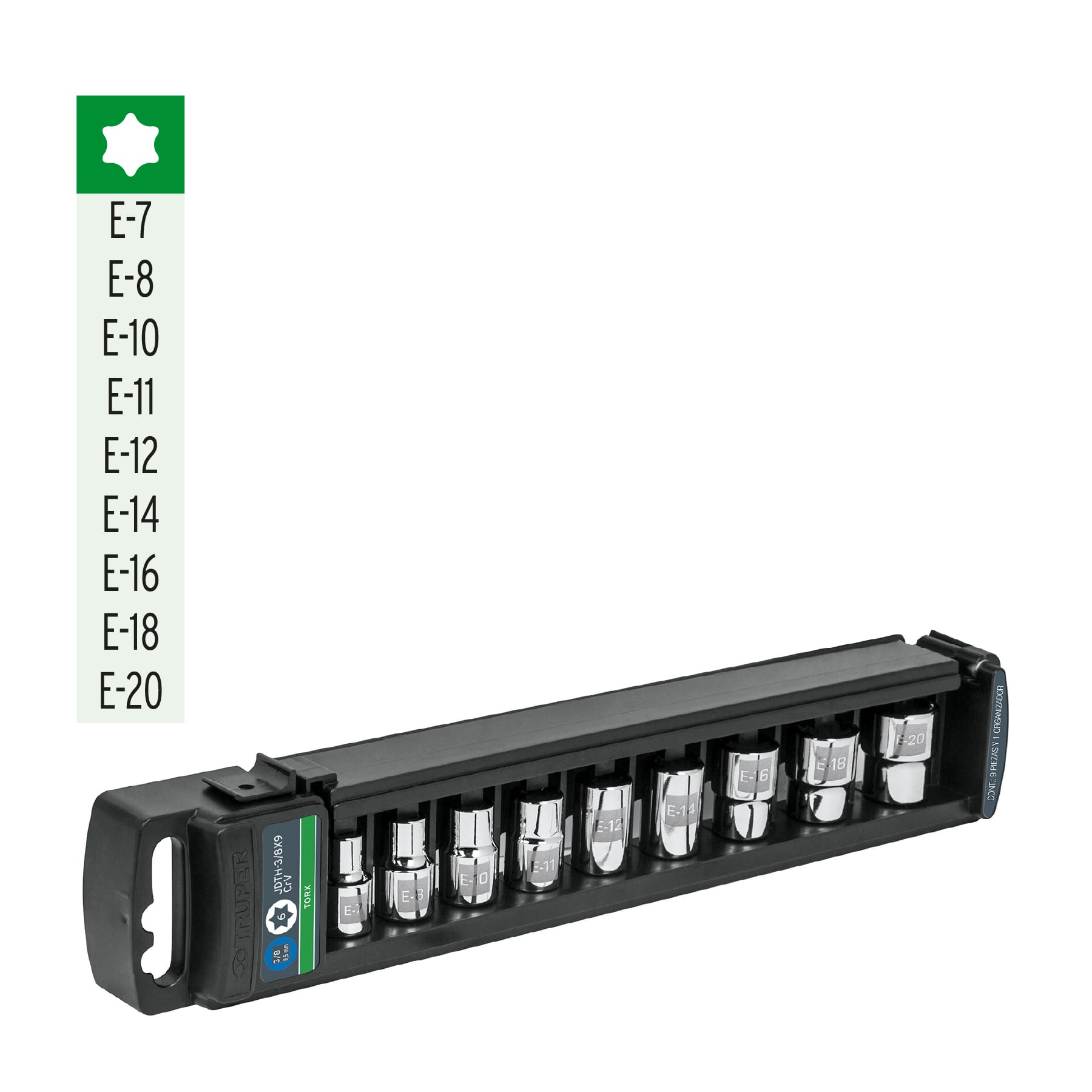 JUEGO DE 9 DADOS CUADRO 3/8" TORX, TRUPER 10025