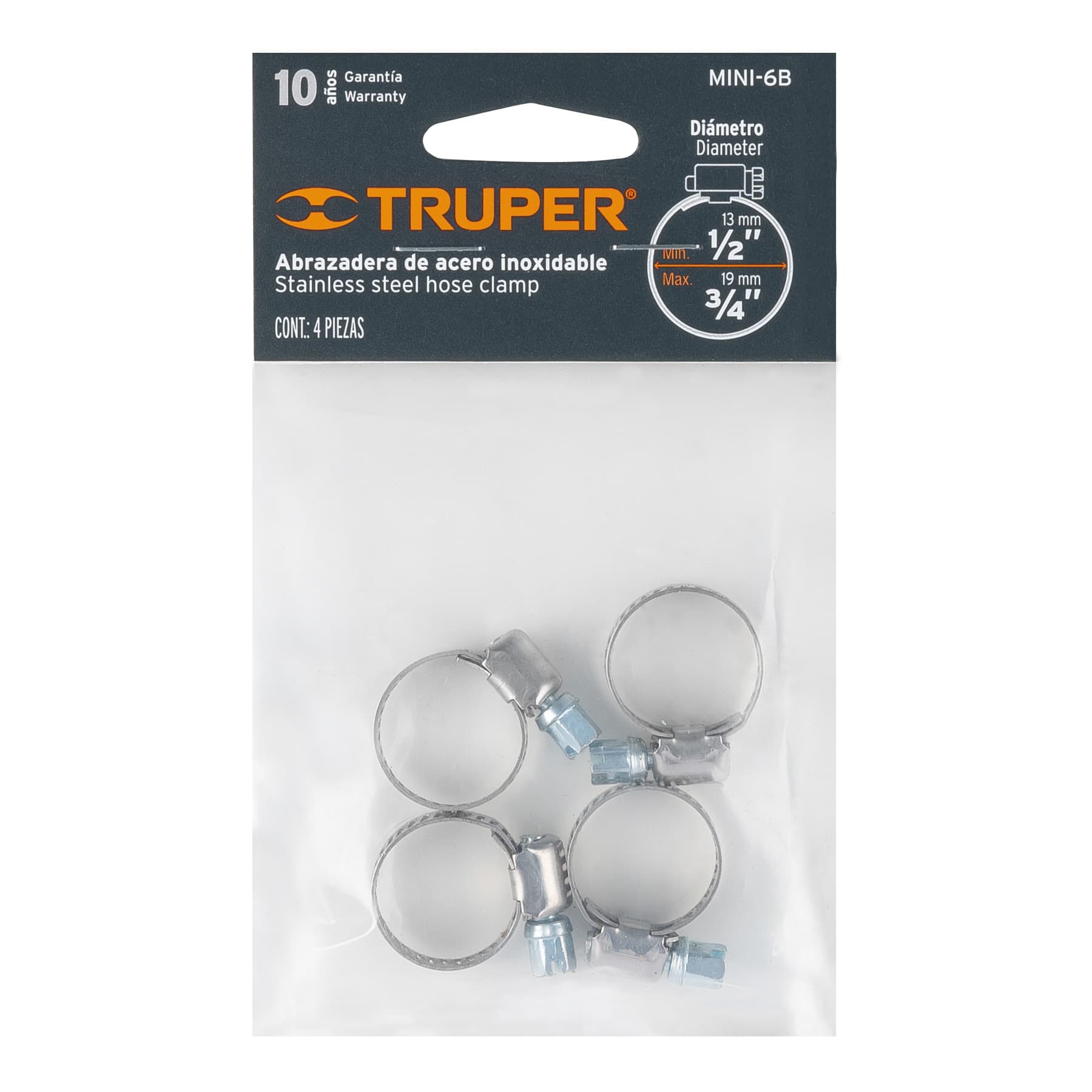BOLSA C/4 MINI ABRAZADERAS SIN FIN # 6, 1/2 - 3/4", TRUPER 10031 