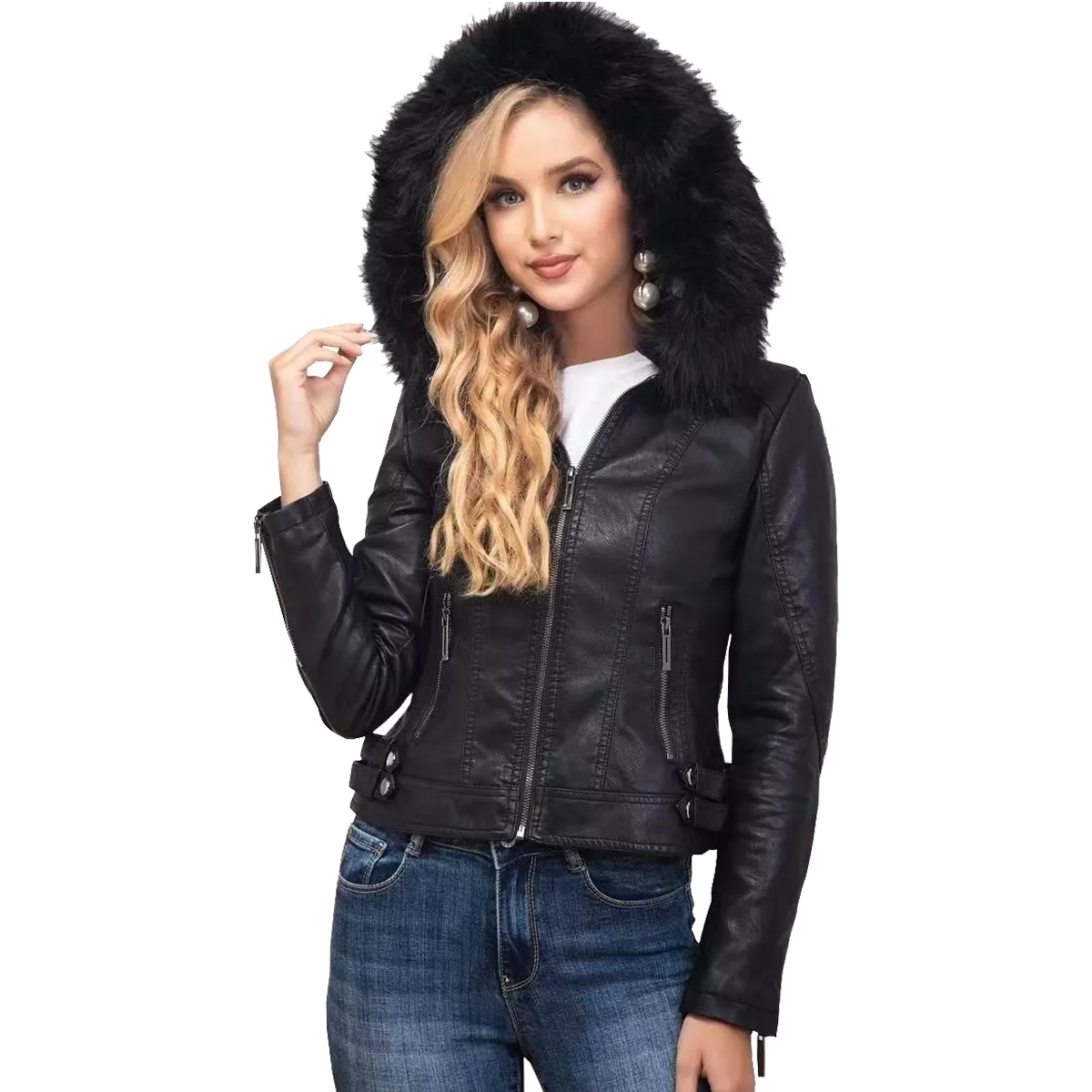 Chamarra Piel Con Felpa Gorro Desmontable Cuero Pu.