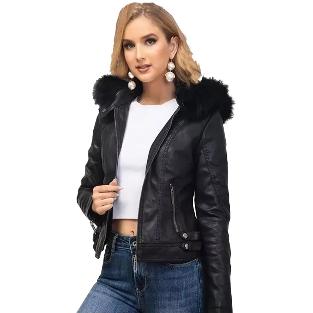 Chamarra Piel Con Felpa Gorro Desmontable Cuero Pu.