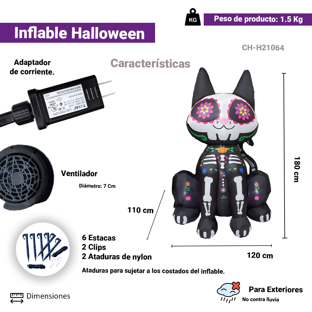 Inflables De Halloween en Forma de Gato Catrin 1.80cm, Grande con Luces LED