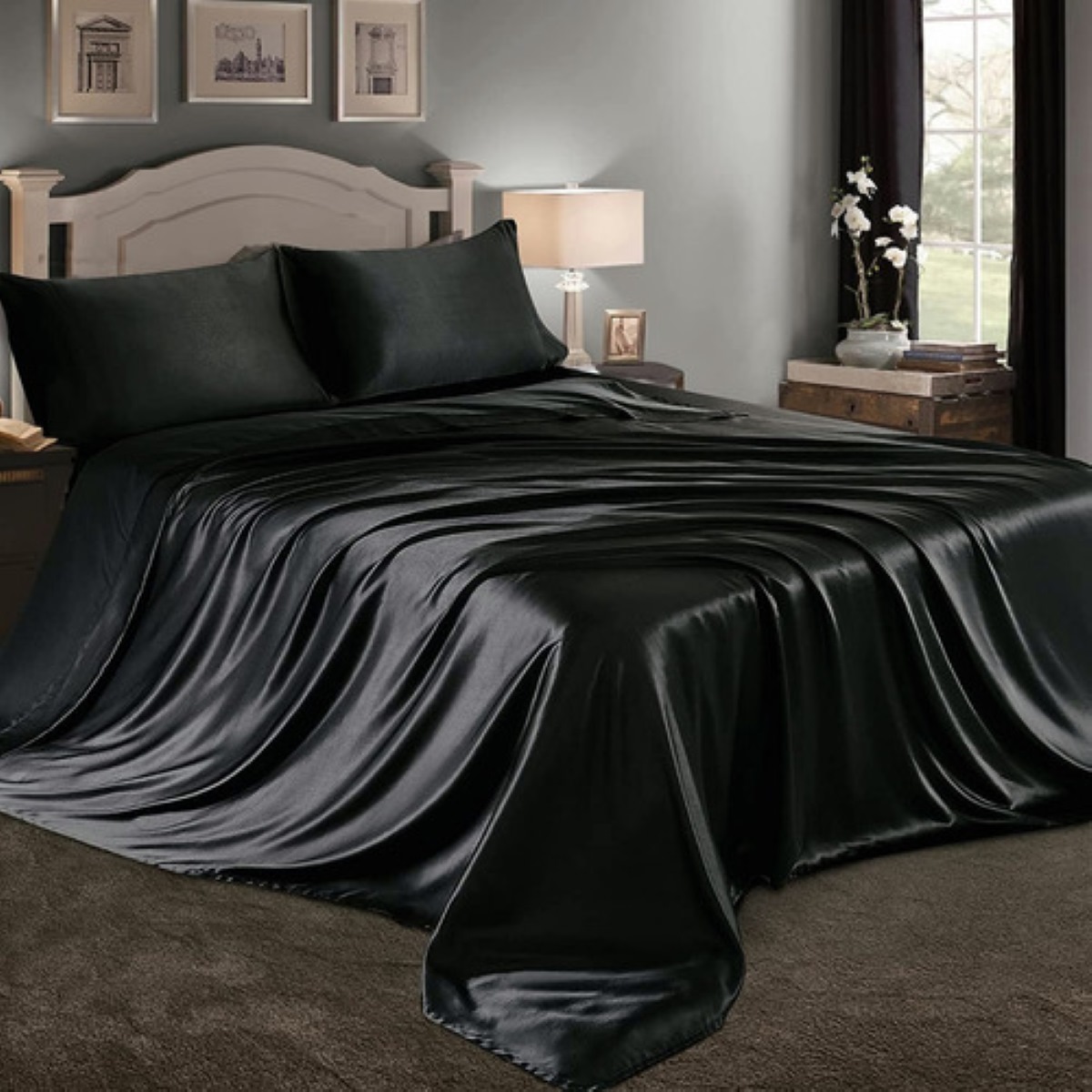 Sabana Lujosa De Satin King Size Negro