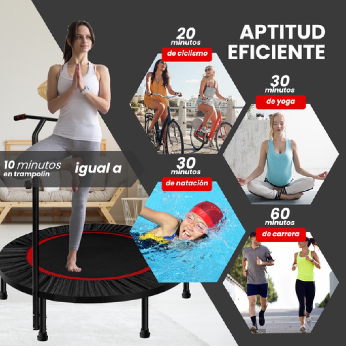 Trampolin Fitness Con Barra Ajustable Para Adulto Niños Negro Rojo