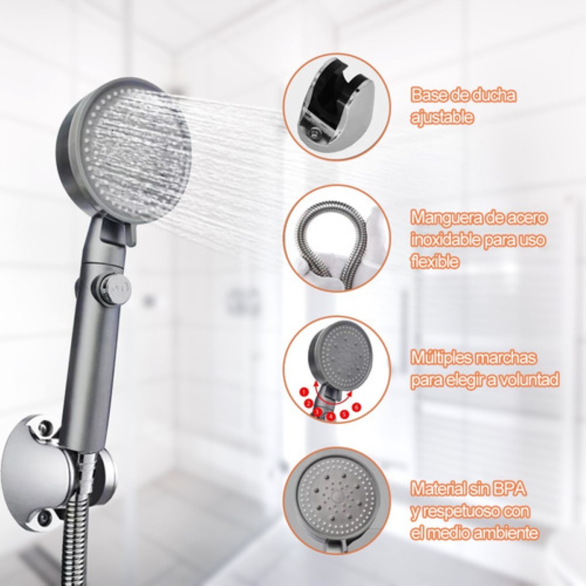 Kit De Ducha De Mano Alta Presión Con 1.5mts Manguera Plata 