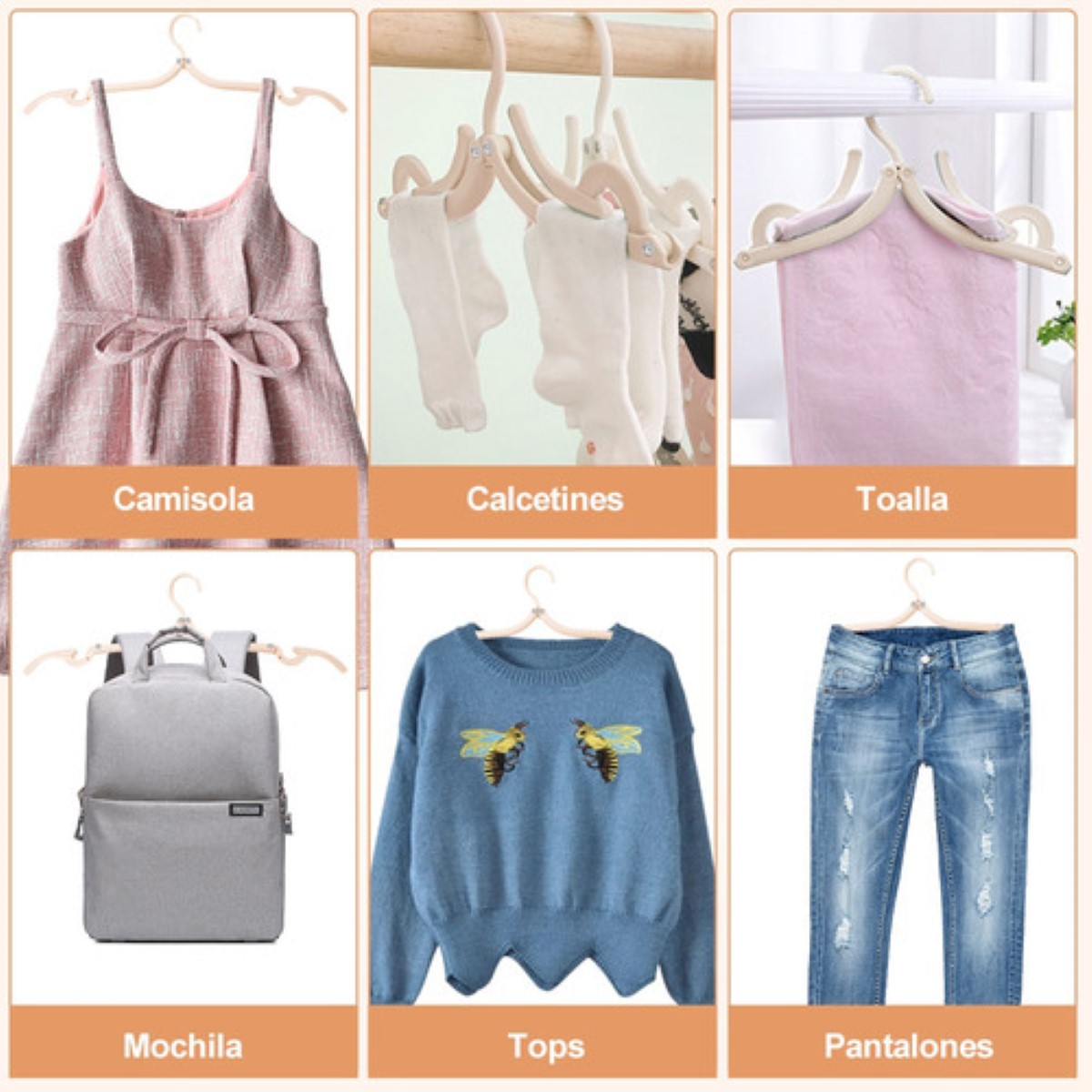 10 Ganchos Para Ropa Plegable Exterior Beige 