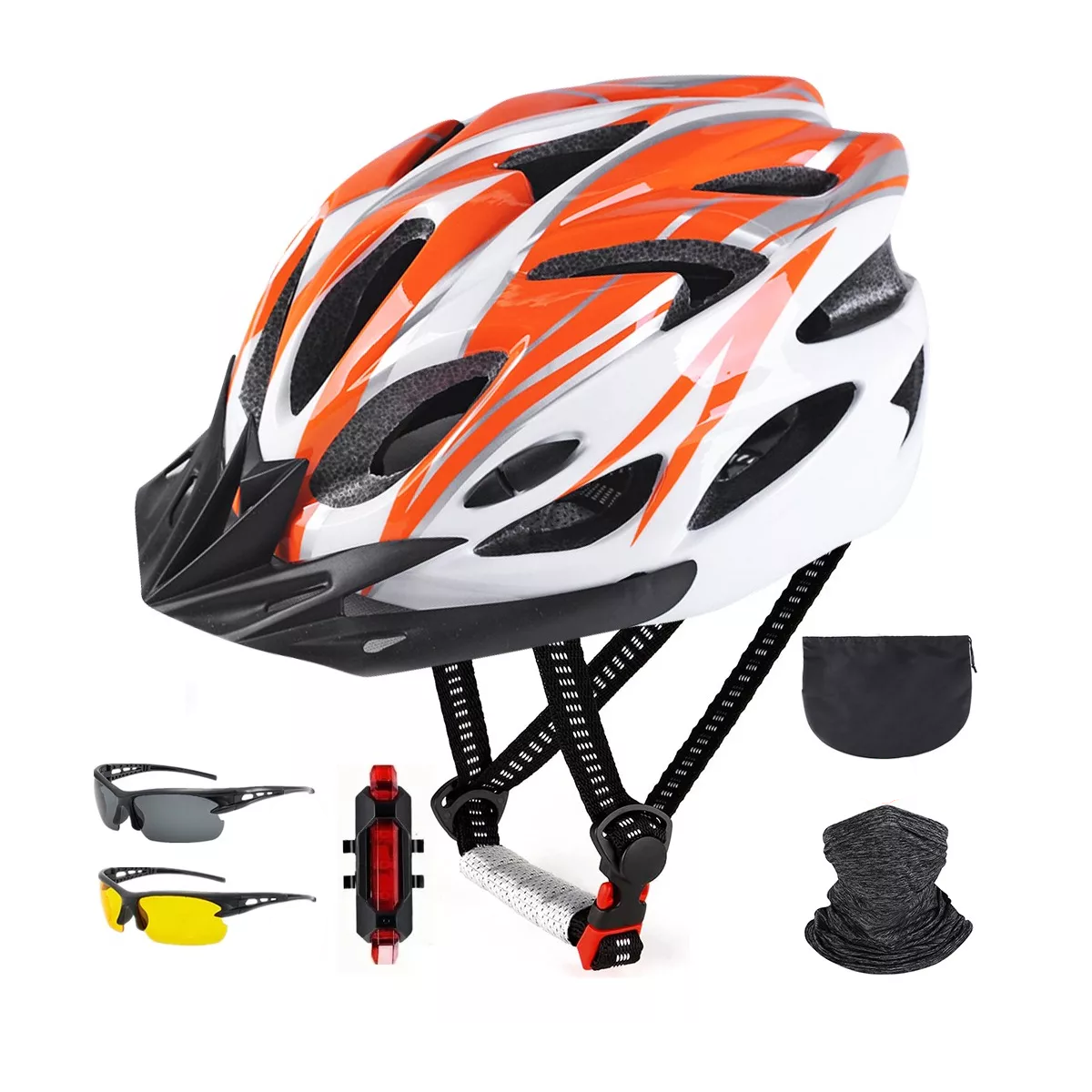 Set Casco De Bicicleta Unisex+luz De Bicicleta+gafas+mascara Naranja