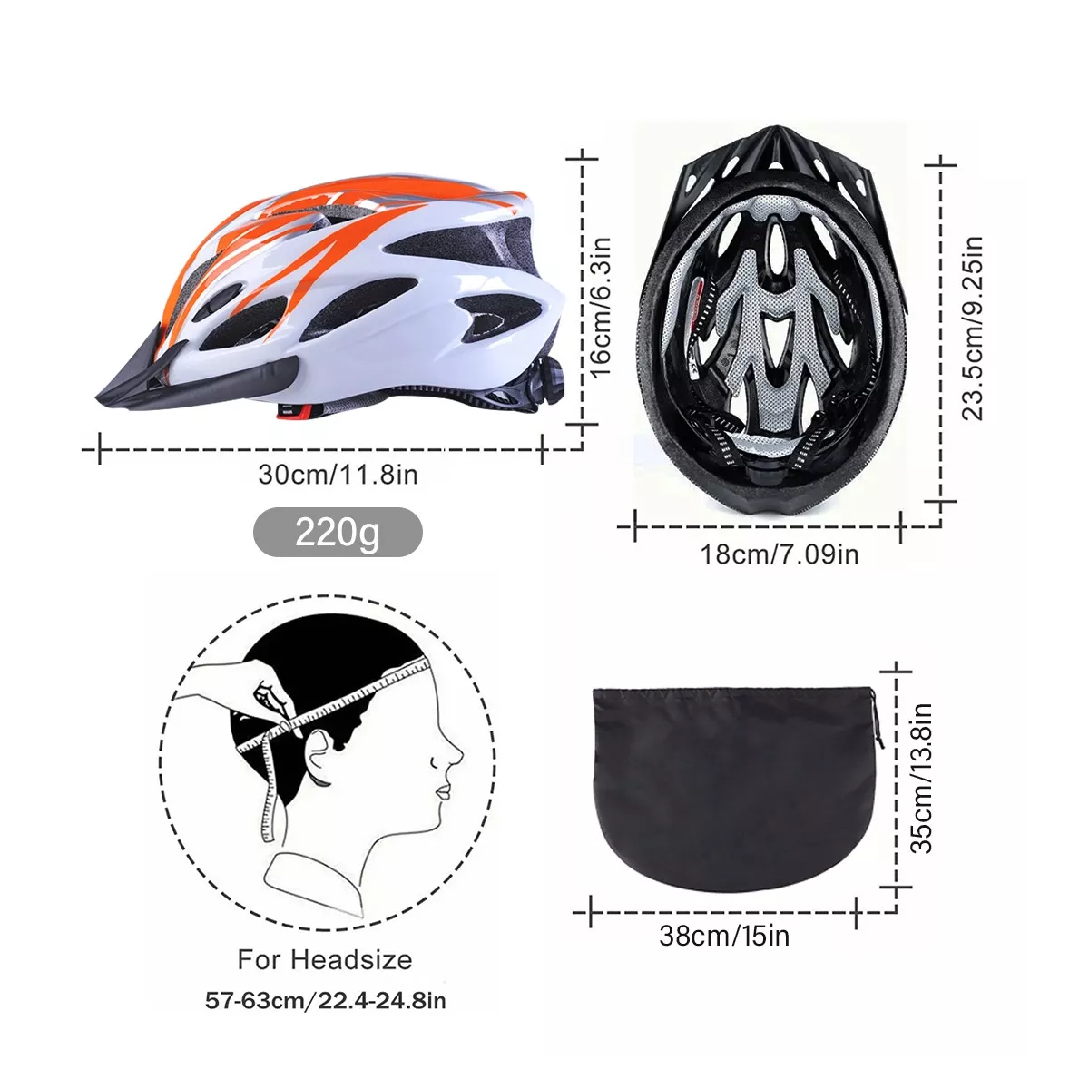 Set Casco De Bicicleta Unisex+luz De Bicicleta+gafas+mascara Naranja