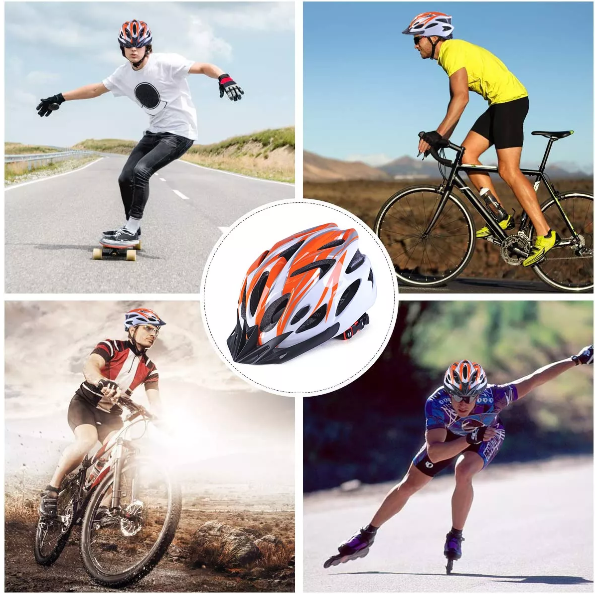 Set Casco De Bicicleta Unisex+luz De Bicicleta+gafas+mascara Naranja