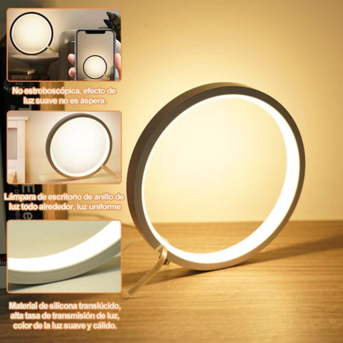 Lámpara De Escritorio Led Anular Mesa Protección Ocular Usb Blanco