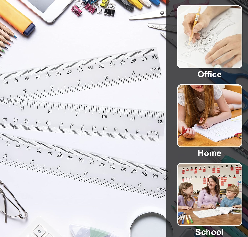 Caja 25 Reglas de plástico de transparente 30 cm, reglas largas transparentes rectas para papeleria, escuela, oficina y hogar