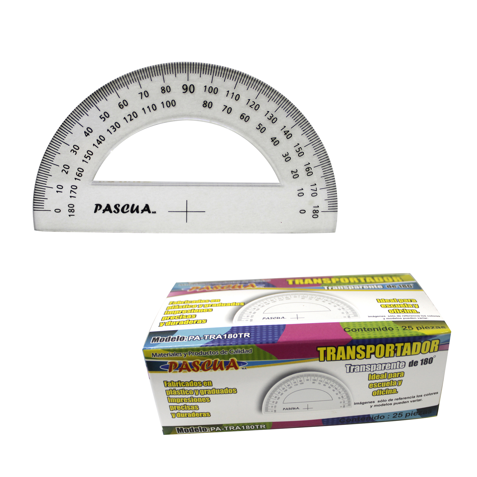 Caja 25 Transportador Semicircular De Plástico 180 gradosMayoreo para oficina, papeleria, arquitecto, diseño y casa