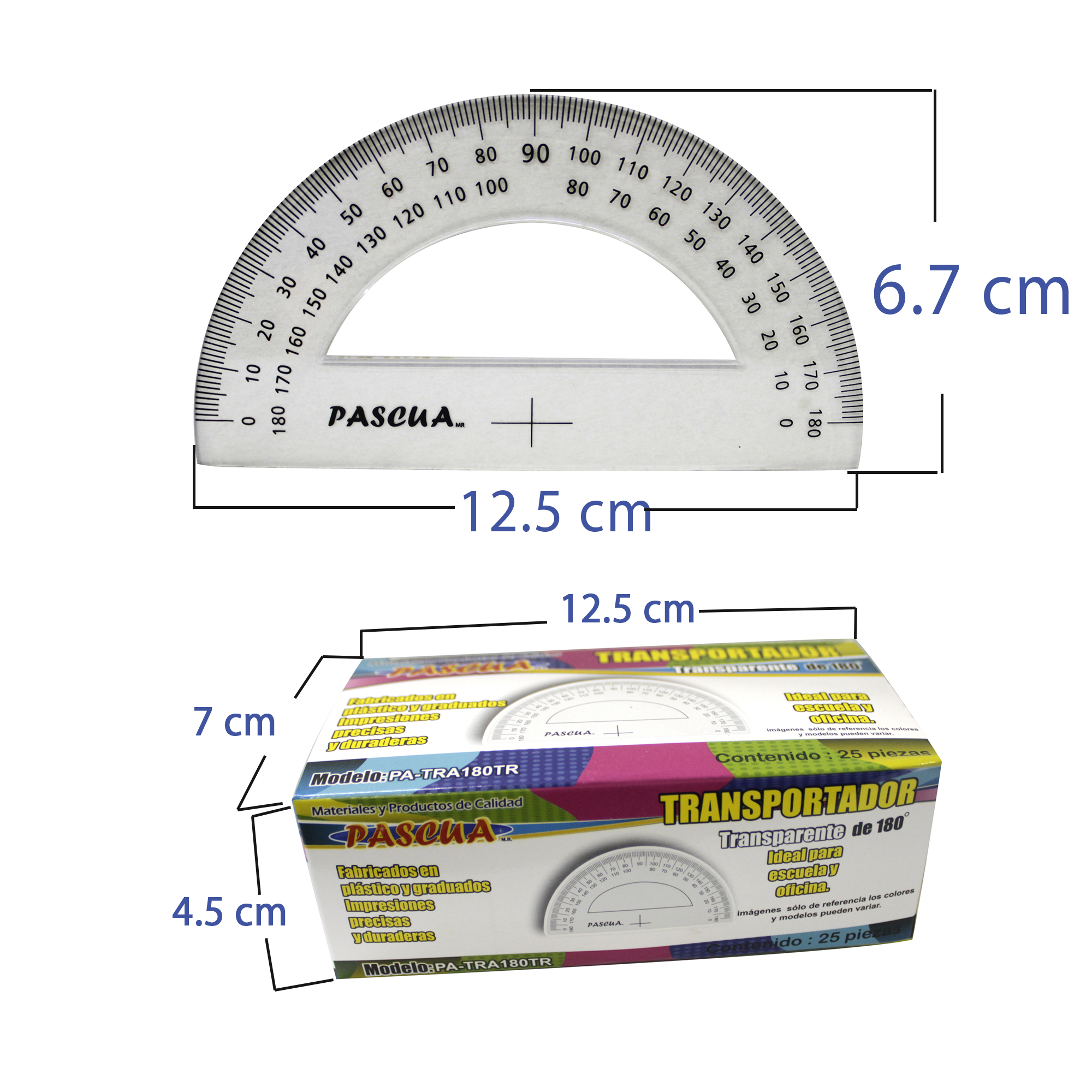 Caja 25 Transportador Semicircular De Plástico 180 gradosMayoreo para oficina, papeleria, arquitecto, diseño y casa