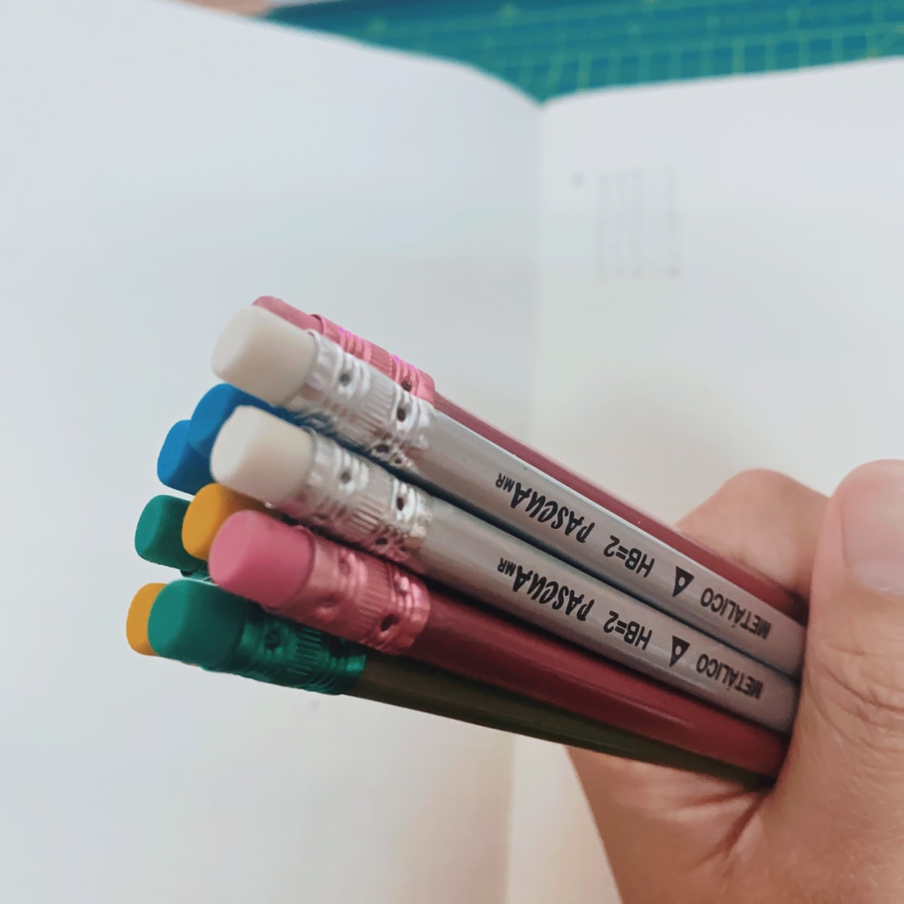 Caja 10 Lápices de grafito 2HB ergonomico Triangulares con GOMA, Cuerpo de Colores Metalico, Útiles Escolares Para Diestros y Zurdos