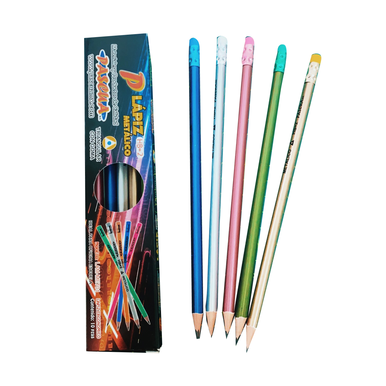 Caja 10 Lápices de grafito 2HB ergonomico Triangulares con GOMA, Cuerpo de Colores Metalico, Útiles Escolares Para Diestros y Zurdos