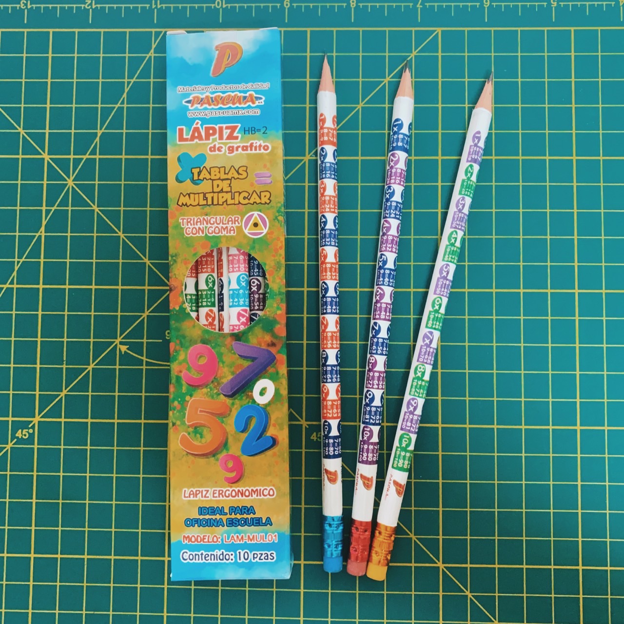 Caja 10 Lápices de grafito Entrenador Triangulares con GOMA 2HB, Tablas de multiplicar, Útiles Escolares Para Diestros y Zurdos