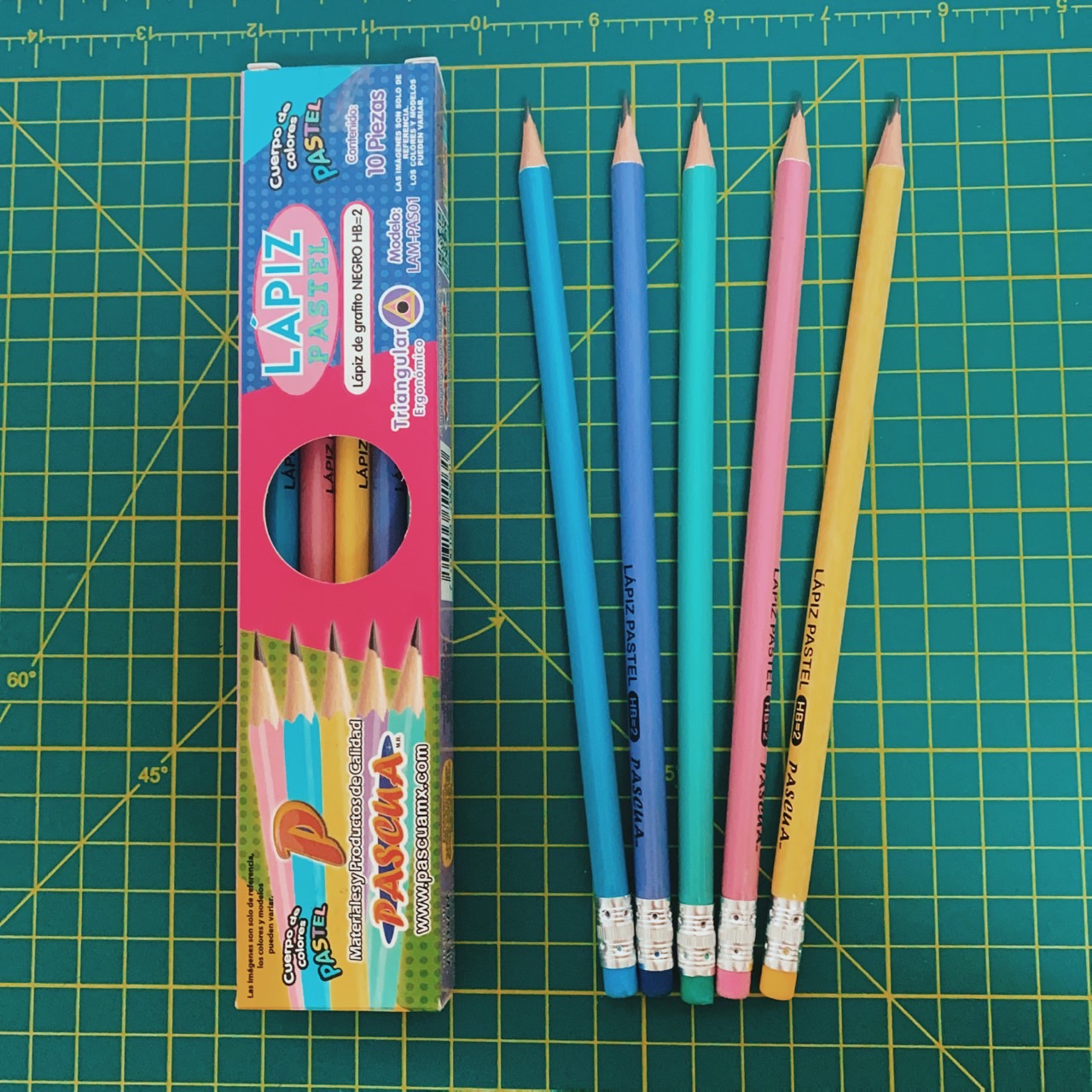 10 Lápices de grafito Negro HB=2 ergonomico Triangulares con GOMA en color, Cuerpo de Color PASTEL, Útiles Escolares Para Diestros y Zurdos