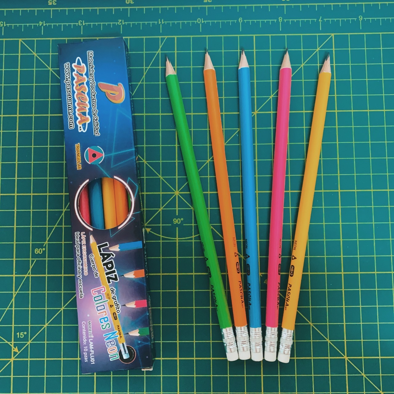 Caja 10 Lápices de grafito 2HB ergonomico Triangulares con GOMA Blanca, Cuerpo de Colores Neon, Útiles Escolares Para Diestros y Zurdos