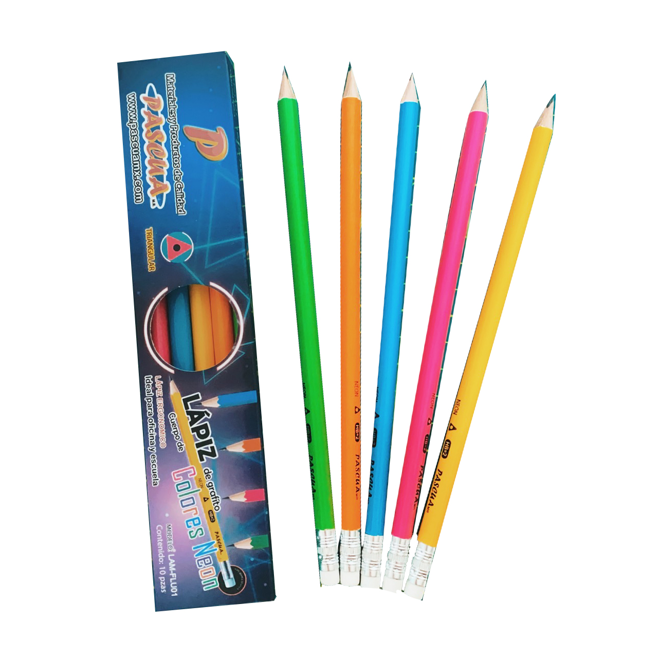 Caja 10 Lápices de grafito 2HB ergonomico Triangulares con GOMA Blanca, Cuerpo de Colores Neon, Útiles Escolares Para Diestros y Zurdos