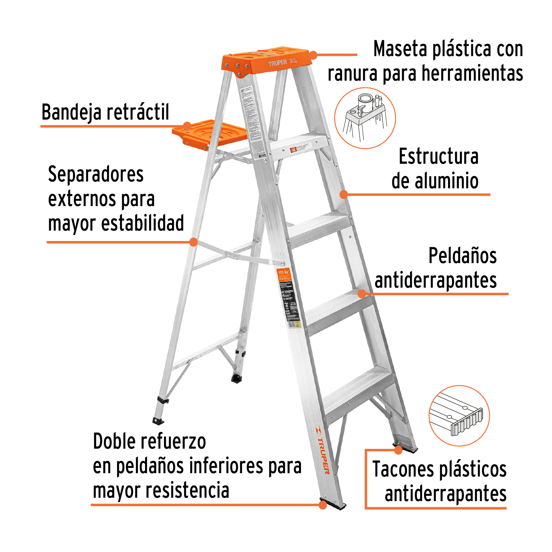 Escalera de tijera, tipo ll, 5 peldaños, fibra de vidrio Truper