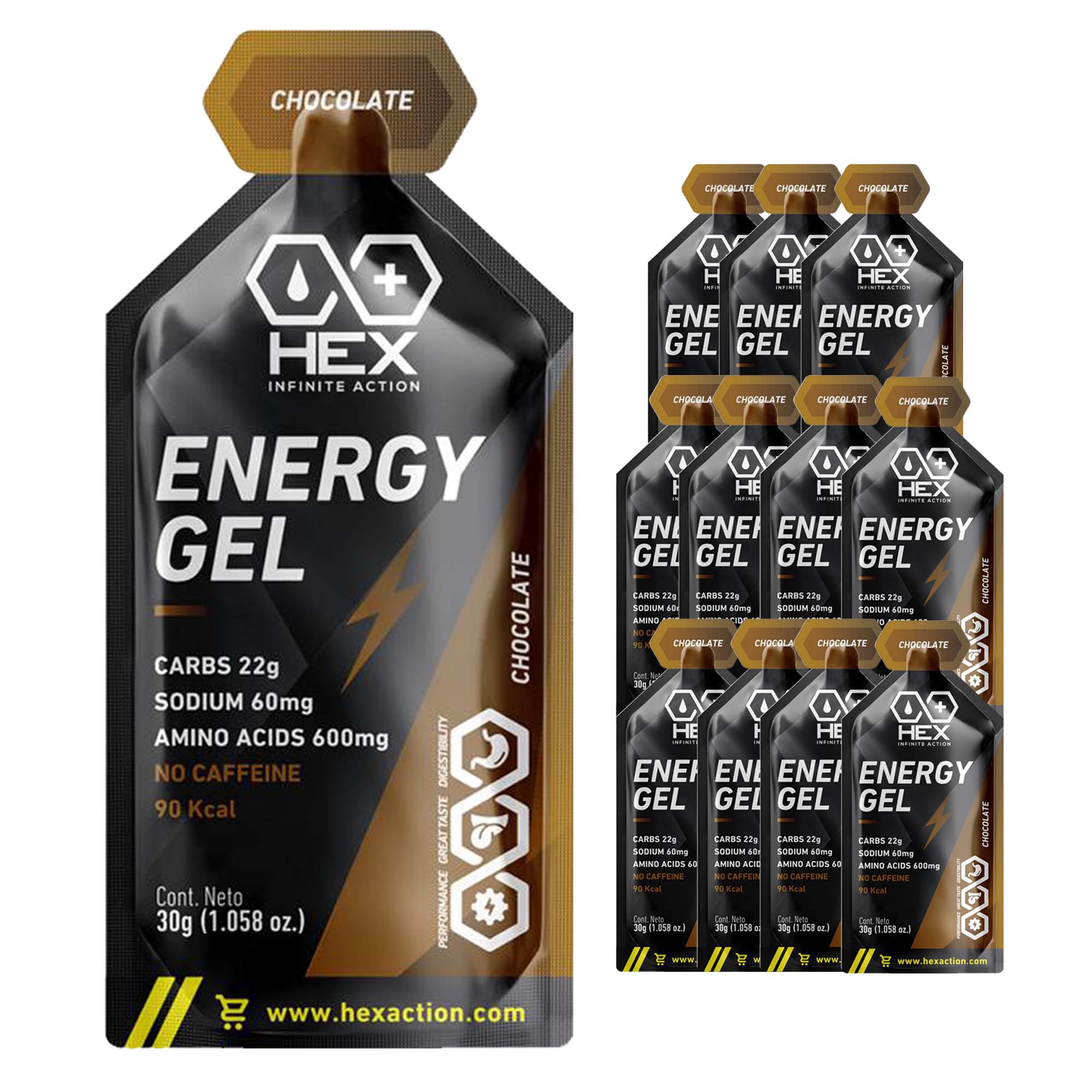 Hex Gel Energético Sabor Chocolate - 12 Paquetes de 30 Gramos