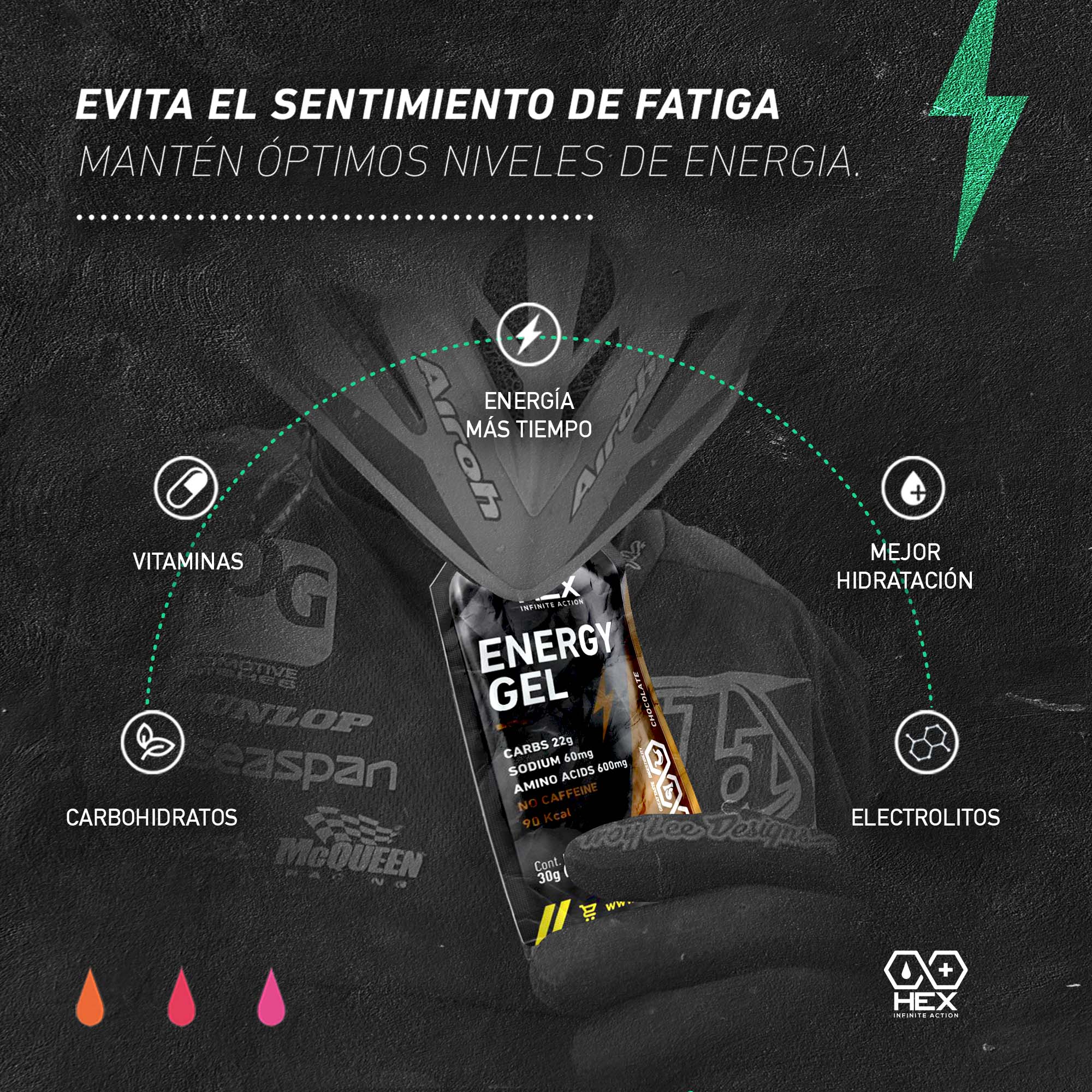 Hex Gel Energético Sabor Chocolate - 12 Paquetes de 30 Gramos