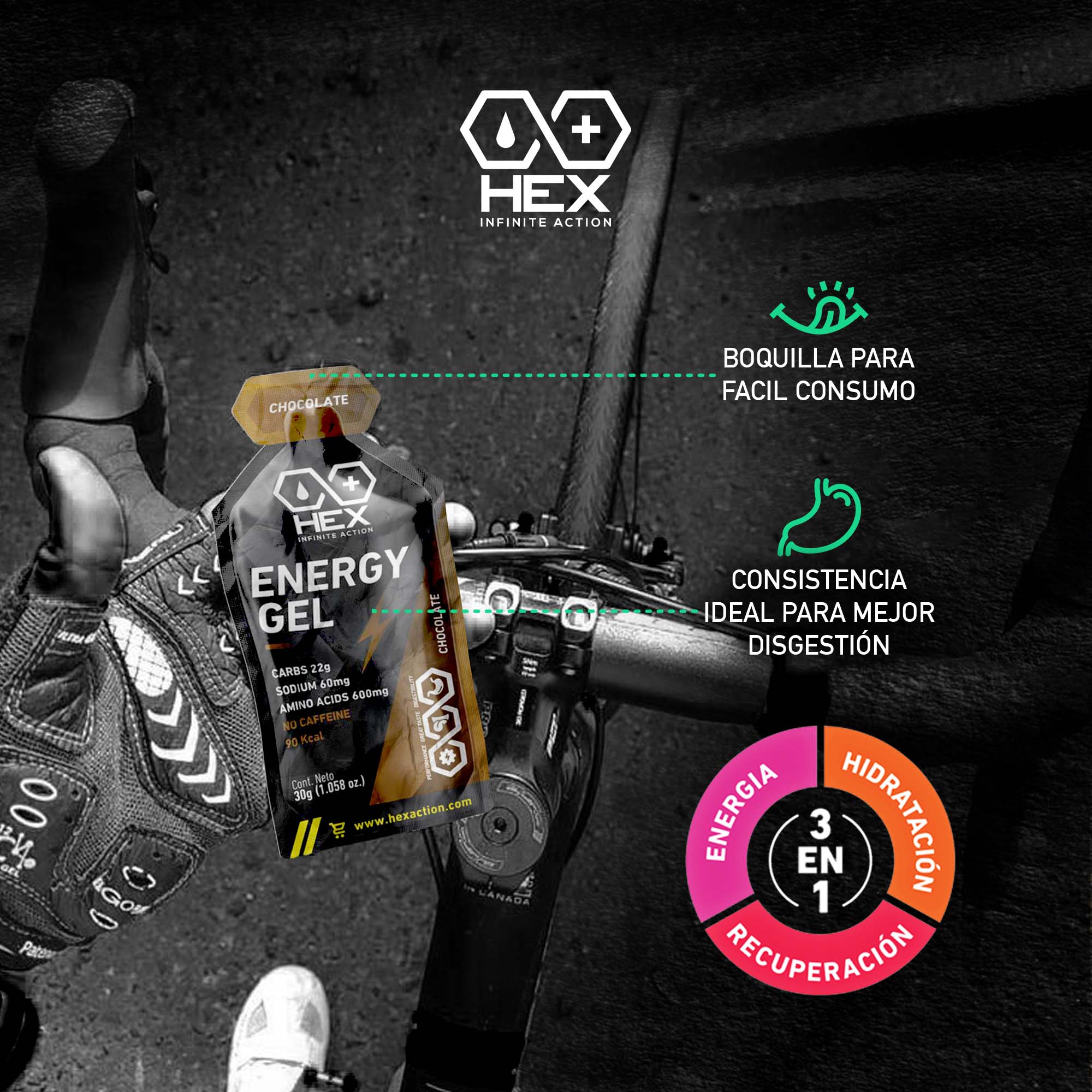Hex Gel Energético Sabor Chocolate - 12 Paquetes de 30 Gramos
