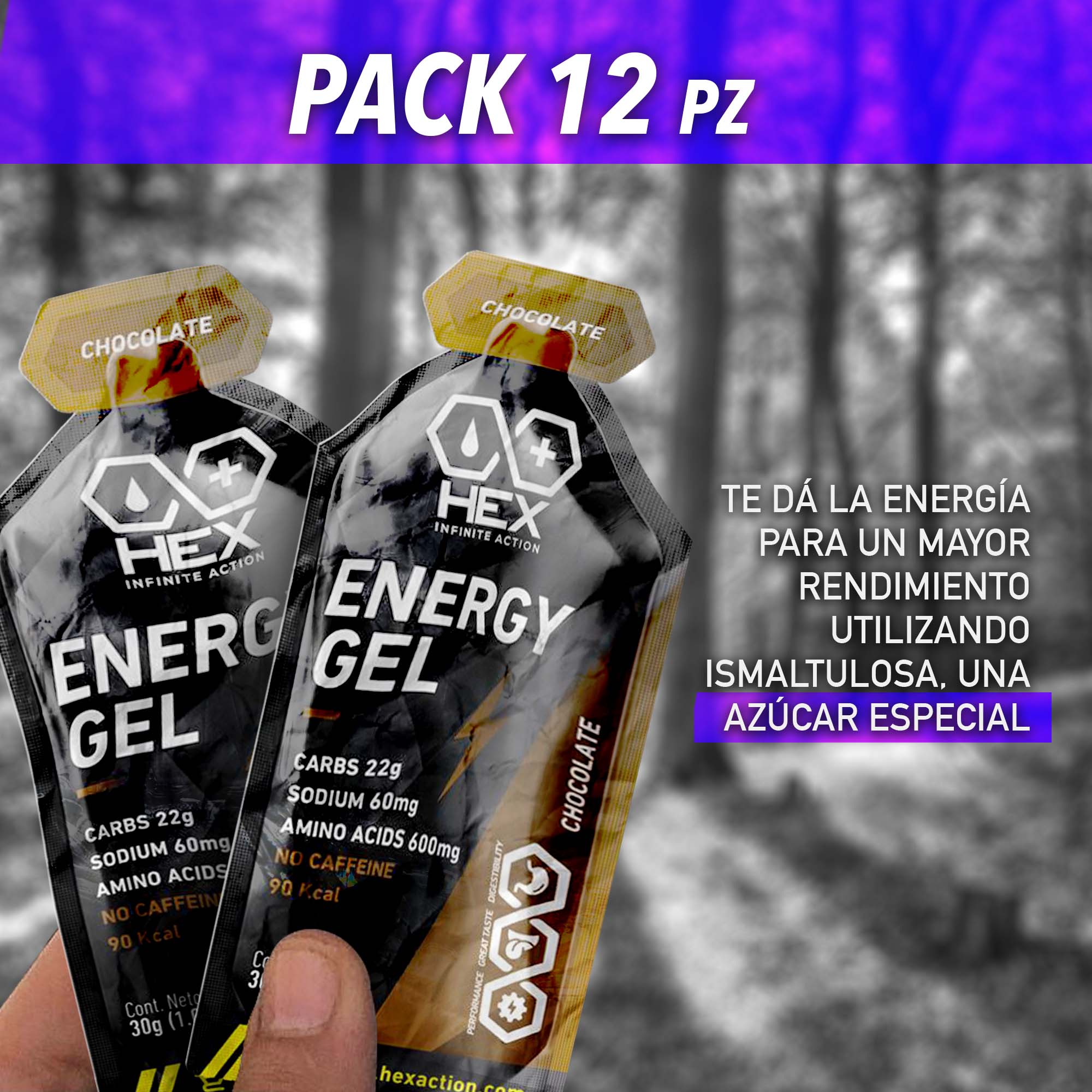 Hex Gel Energético Sabor Chocolate - 12 Paquetes de 30 Gramos