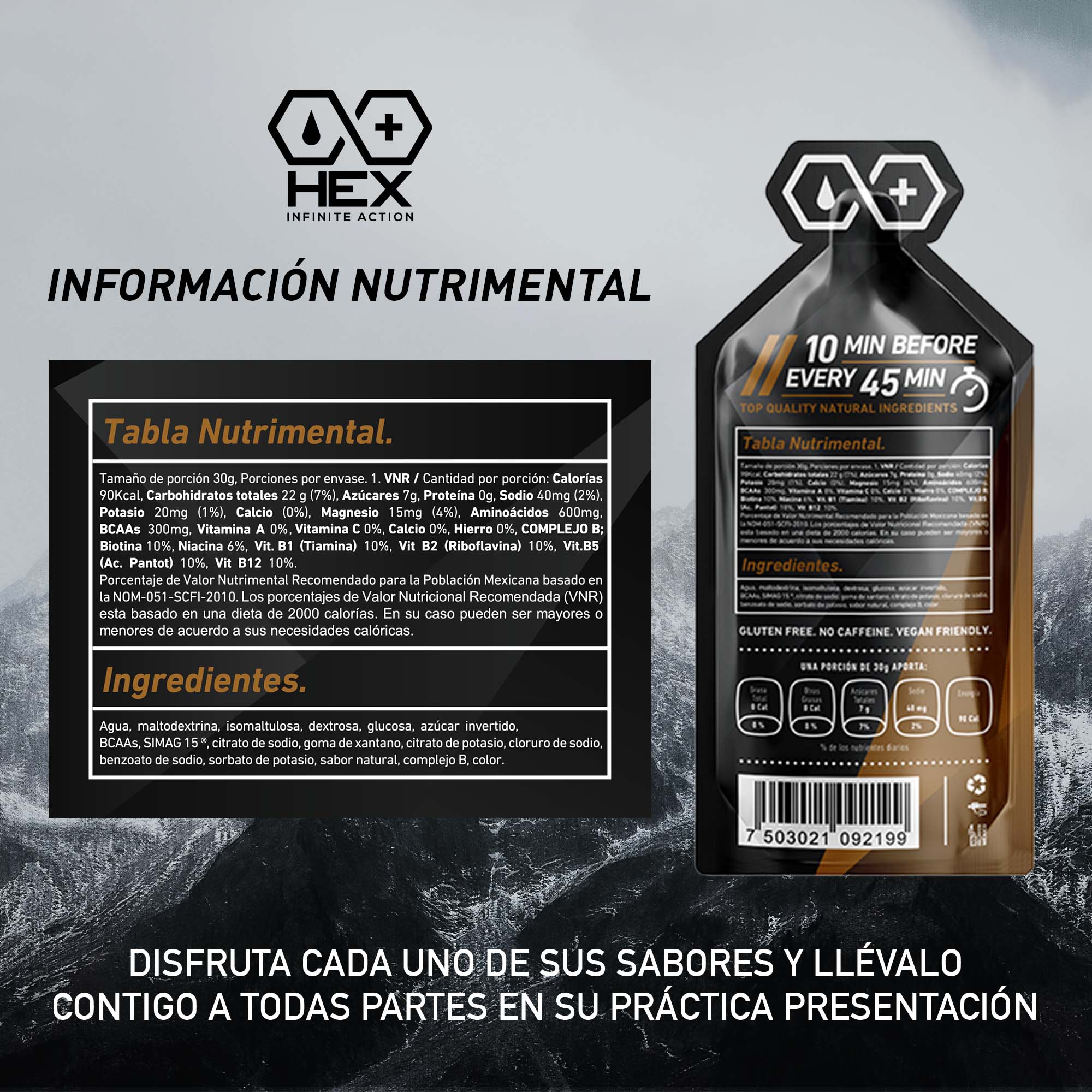 Hex Gel Energético Sabor Chocolate - 12 Paquetes de 30 Gramos