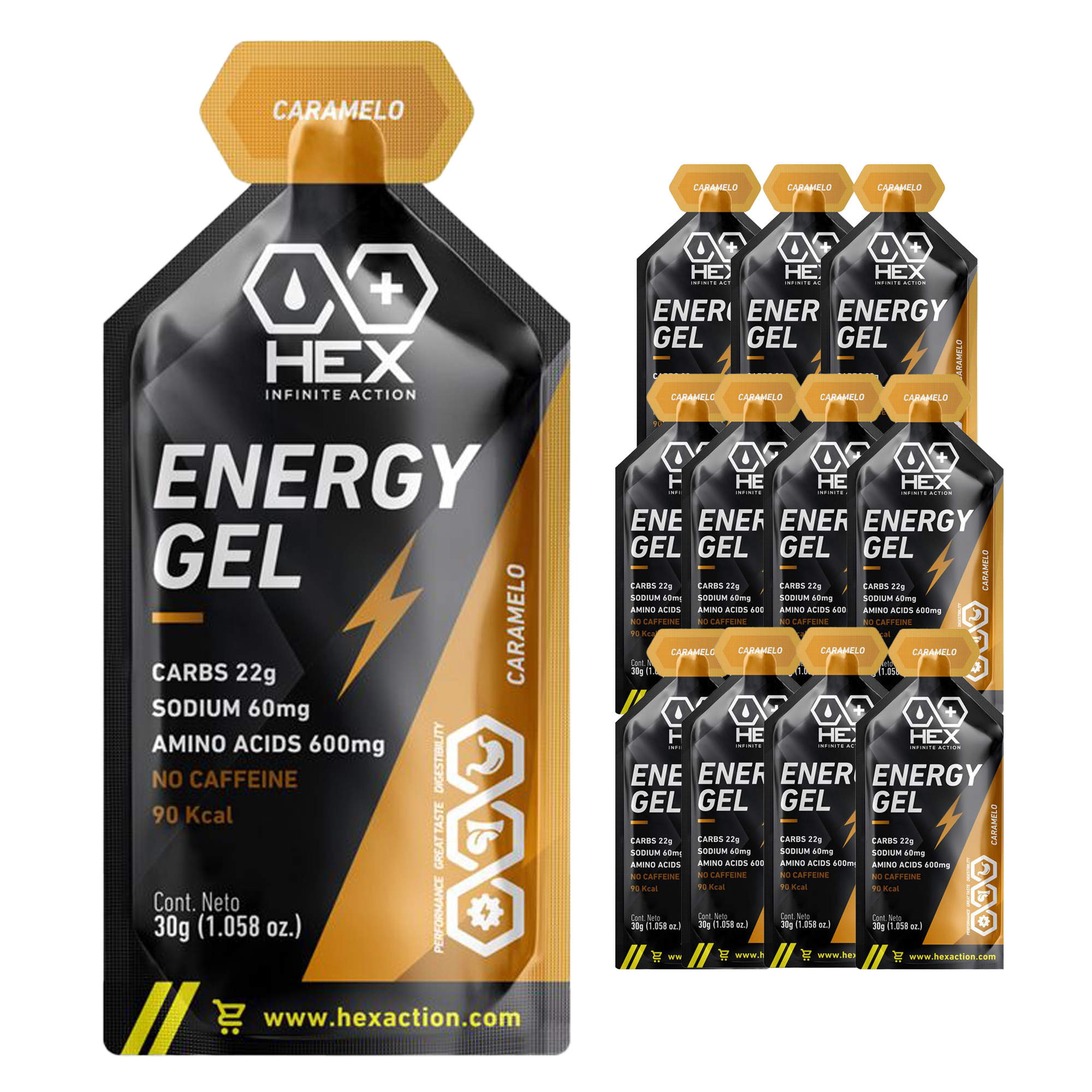 Hex - Gel Energético Sabor Caramelo - Pre y Post Entrenamiento - 12 Unidades de 30g c/u
